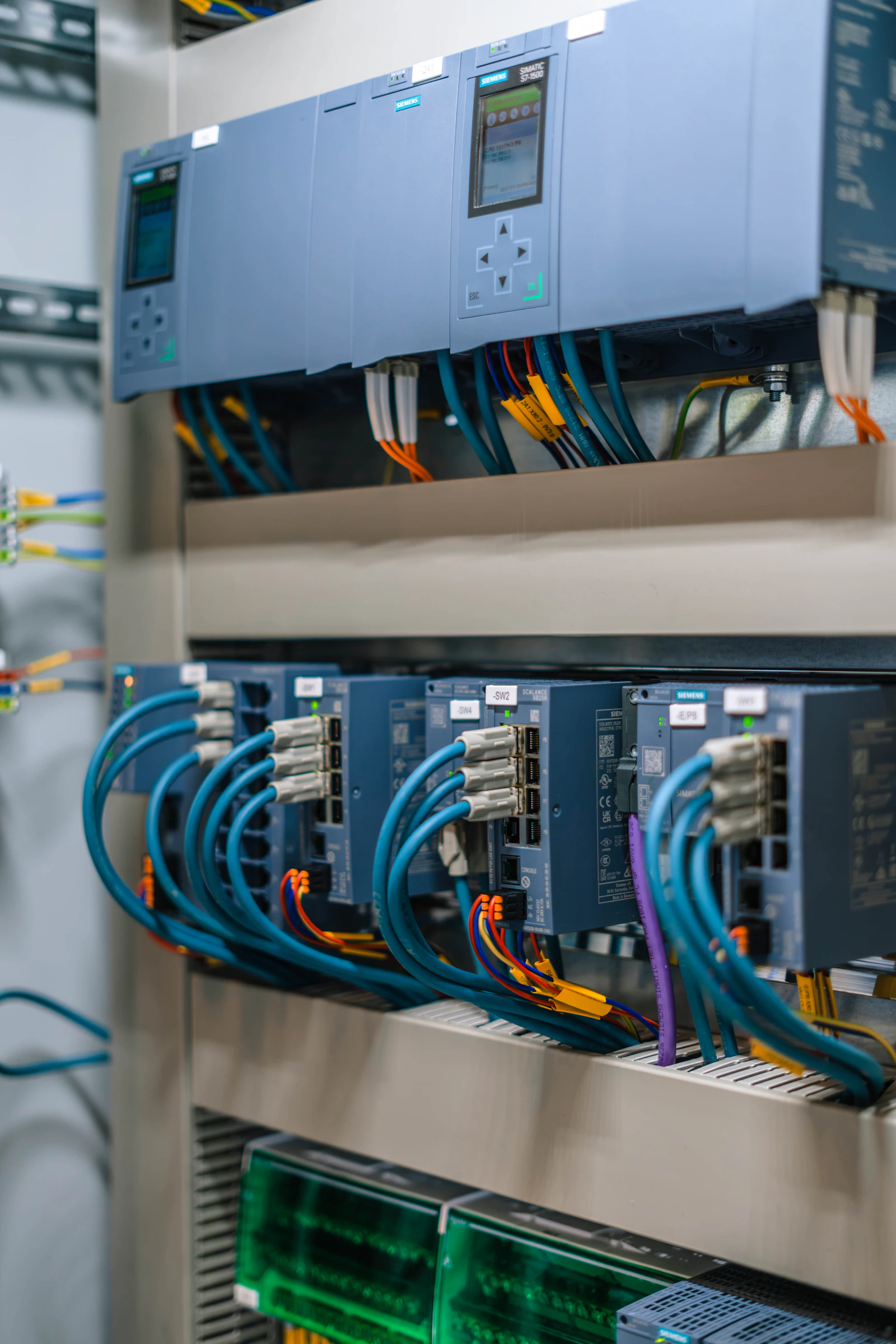 Industrial control cabinet with wiring and electronic modules