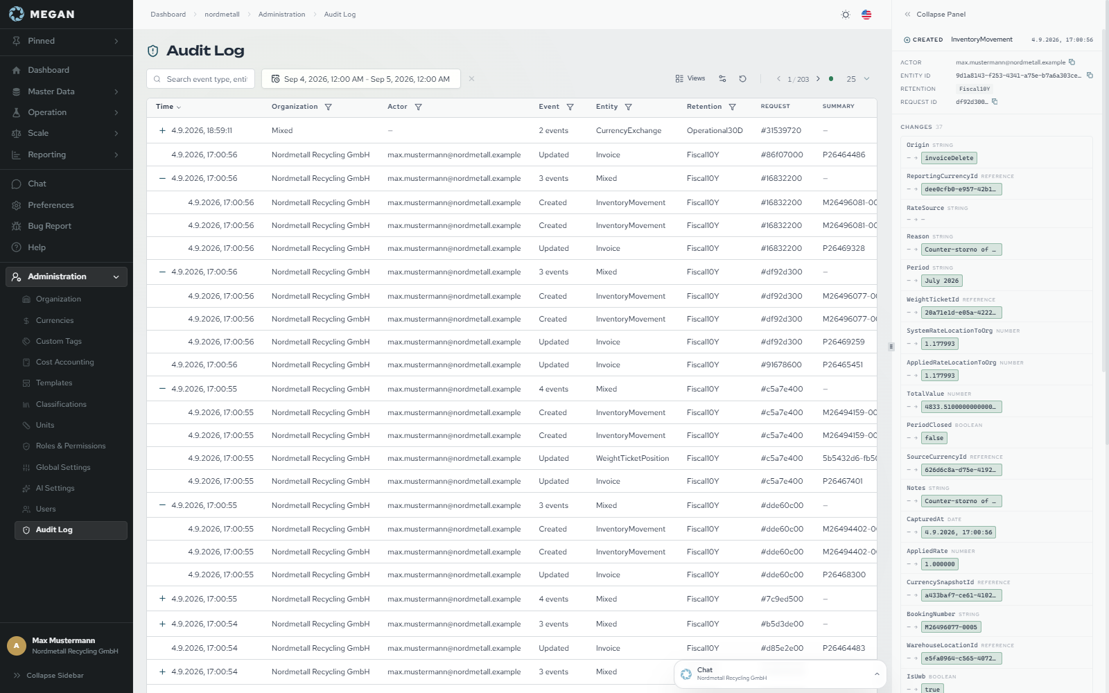 Hash-chained audit log in MEGAN showing every change to a weight ticket