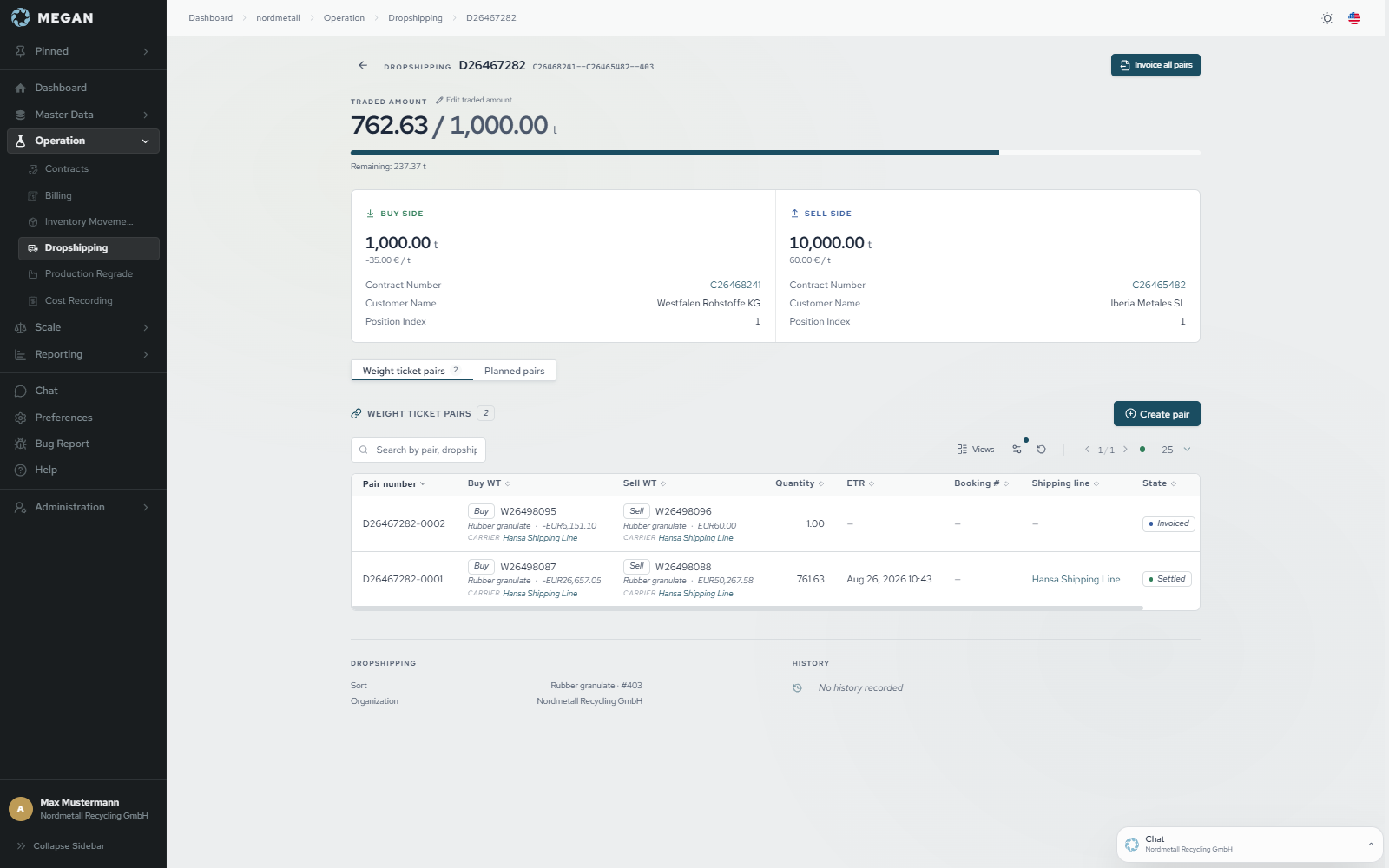 Container tracking in MEGAN with shipping line, booking number and ETA