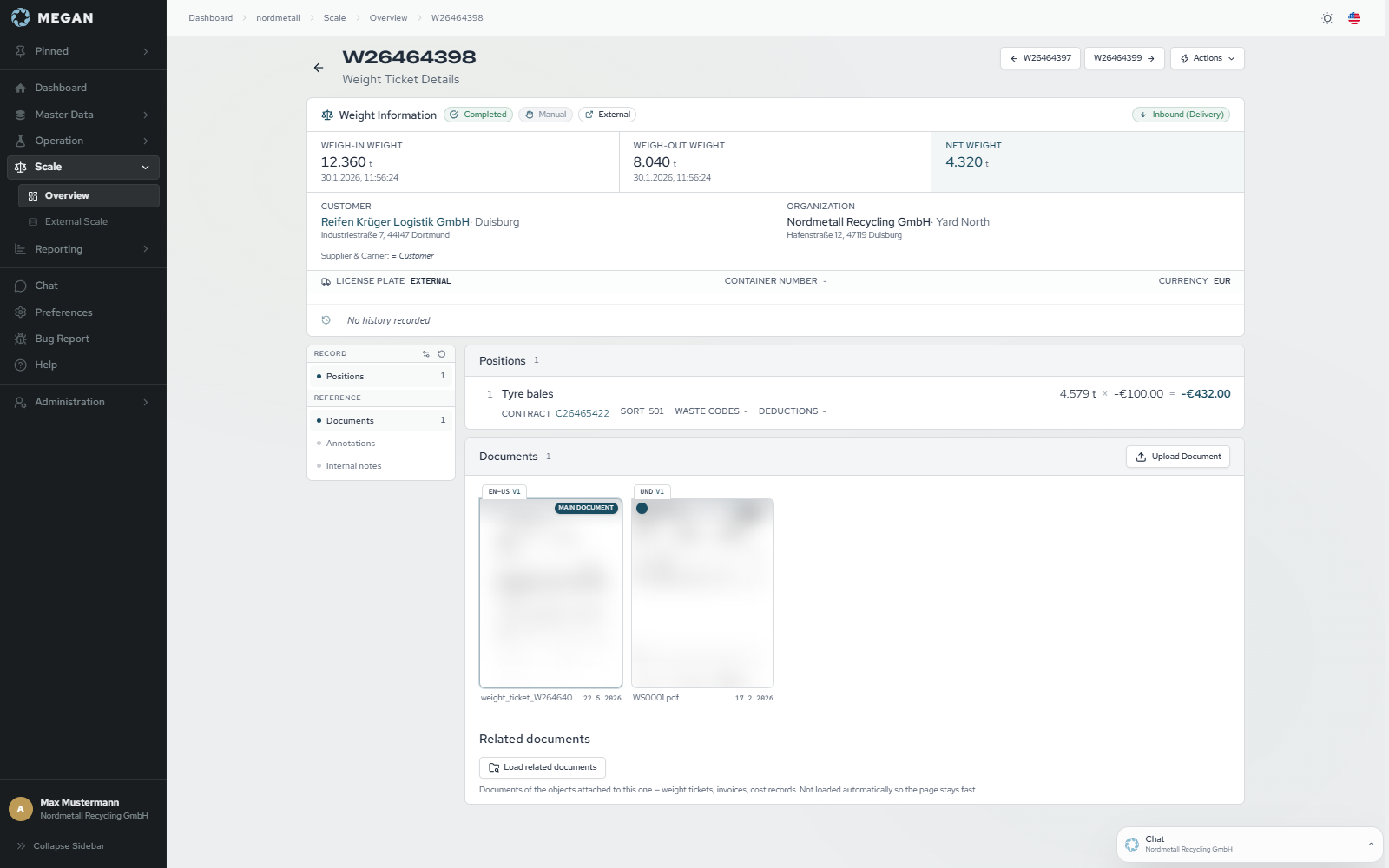 MEGAN weight ticket detail with grade, deductions and container numbers